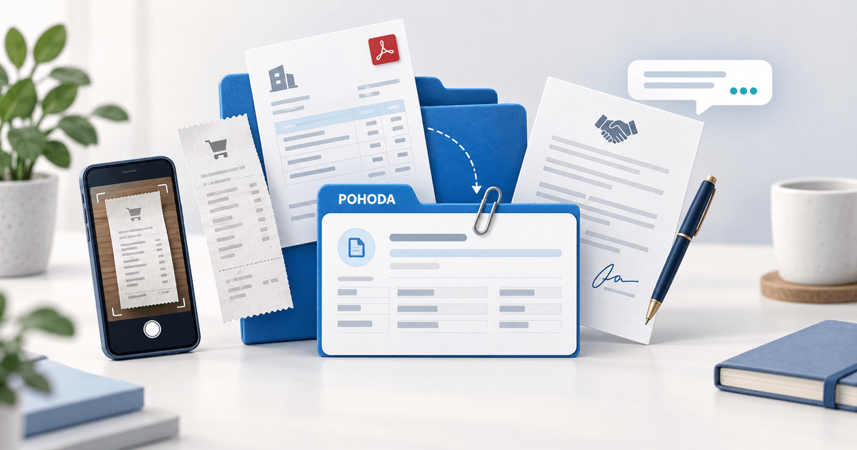 Účtenka, PDF faktura, podepsaná smlouva a telefon u modré složky a karty dokumentu POHODA